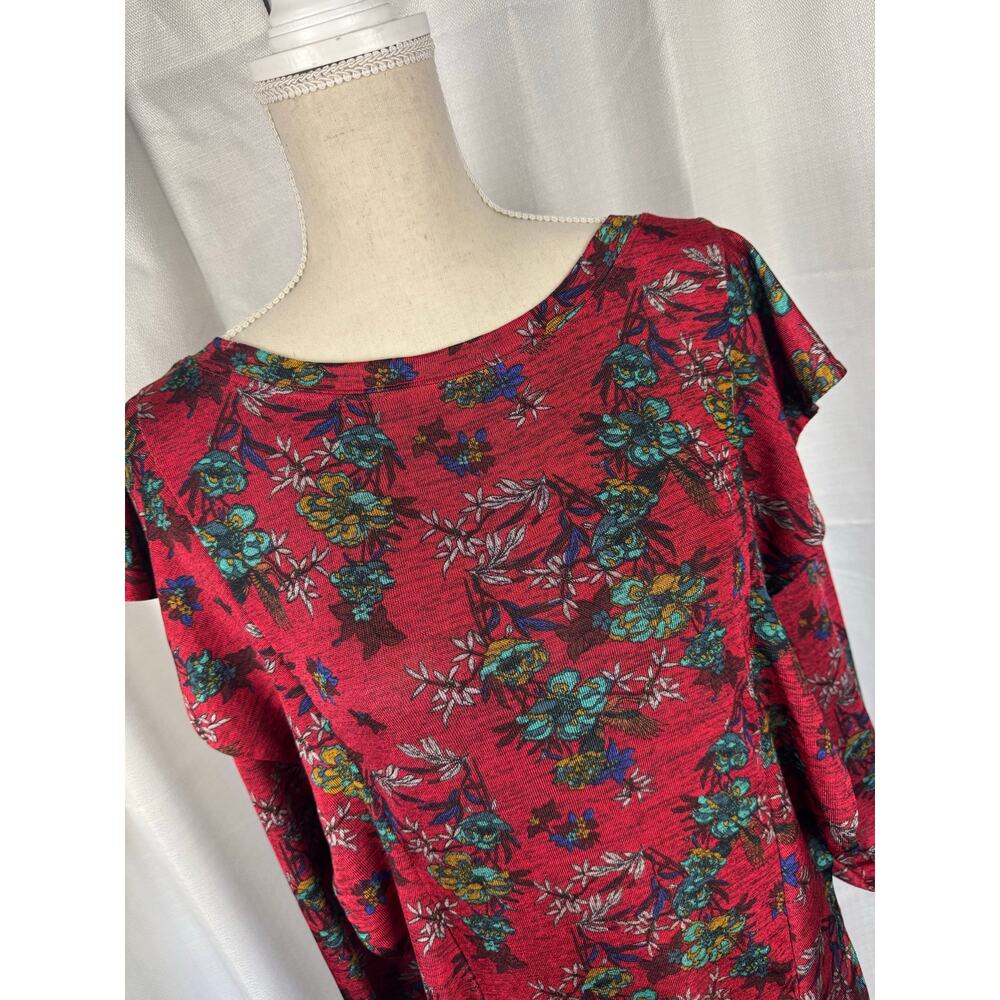 Free People Dock Street Blouse XS Red Floral Boho Ruffle Slouchy Top - Picture 4 of 9
